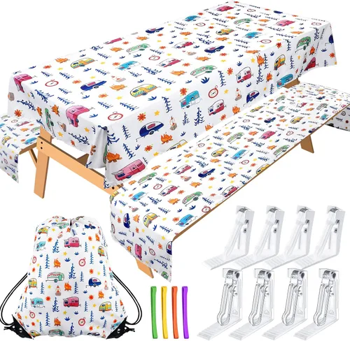 Miniatura 8 de Tudomro Mantel de camping con fundas de banco de picnic, se adapta a mesas de picnic de 4 a 7 pies, mantel de poliéster lavable y reutilizable
