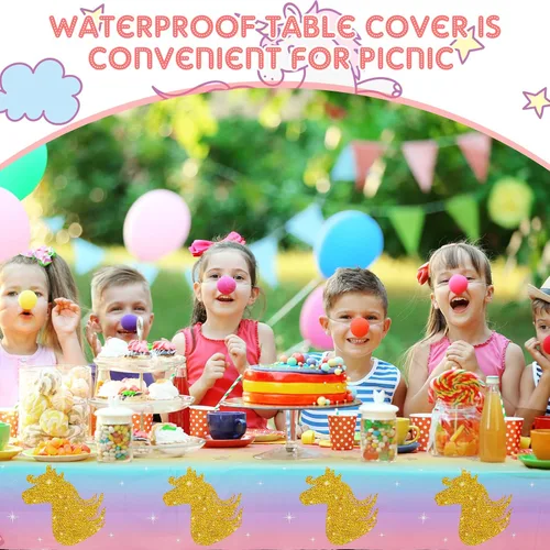 Miniatura 4 de Zhehao Mantel desechable de cumpleaños de unicornio de 108 x 54 pulgadas, mantel de plástico a rayas multicolor para fiesta de cumpleaños
