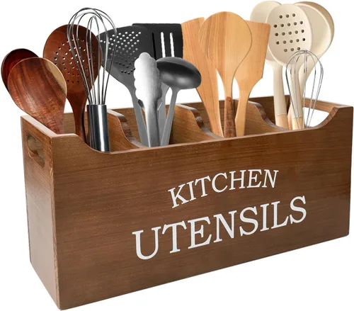 Miniatura 10 de Soporte para utensilios de cocina de madera, extra grande, 4 compartimentos, con parte inferior de drenaje para encimera, organizador
