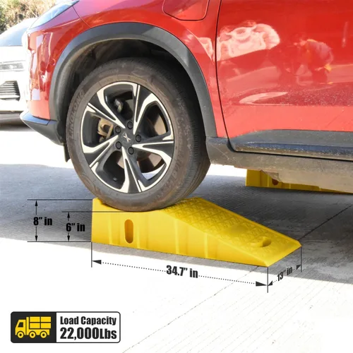 Miniatura 3 de Paquete de 2 rampas amarillas extra pesadas de 35 pulgadas de largo x 13 pulgadas de ancho x 8 pulgadas de alto, tope de rueda doble duradero
