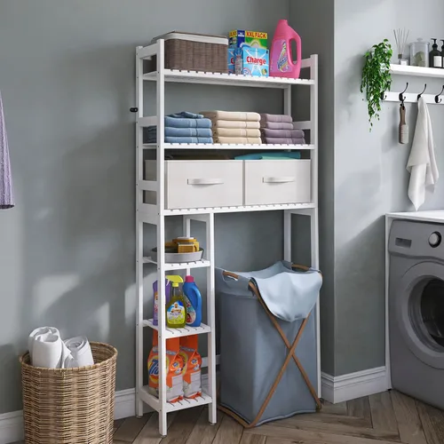 Miniatura 4 de SMIBUY Almacenamiento sobre el inodoro con cajones, estante organizador grande de baño para ahorrar espacio, soporte independiente detrás del Blanco