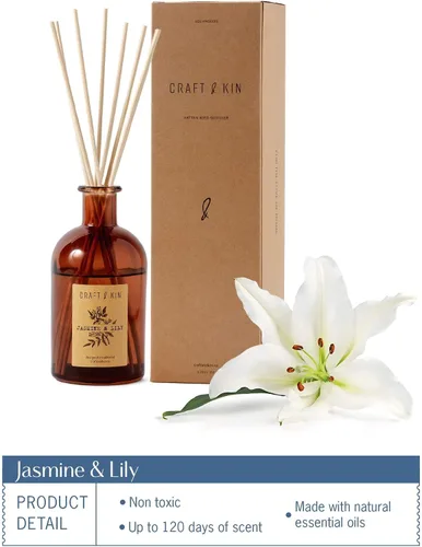Miniatura 8 de Craft & Kin Difusor de caña con aroma a lirio y jazmín Aceite esencial totalmente natural & 8 varillas de fragancia de ratán Difusores de caña