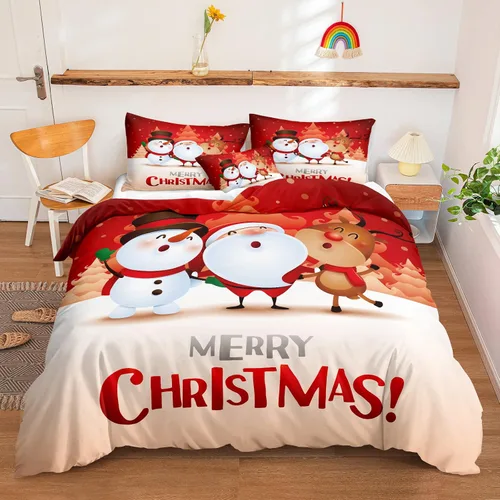 Miniatura 14 de Juego de ropa de cama de Navidad con funda de edredón de copos de nieve, color blanco y rojo, con estampado navideño, juego de ropa de cama festiva