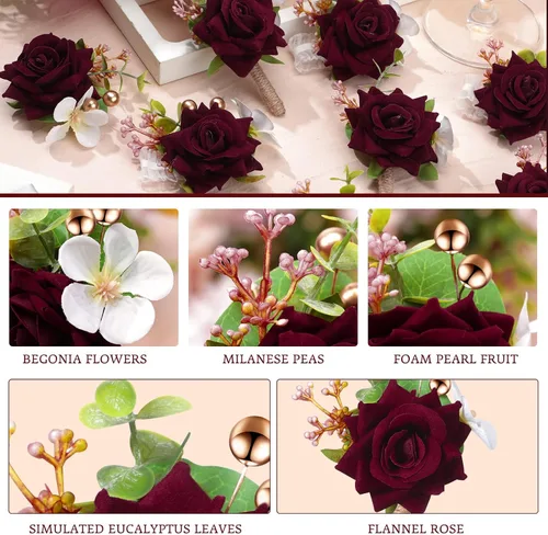 Miniatura 4 de Sherr Juego de 20 ramilletes de rosas rojas y boutonnier con diseño de flores para muñeca, pulsera para boda, novio, hombre, Boutonniere, mano, flor