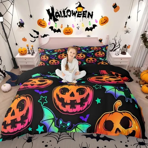 Miniatura 27 de Erosebridal Juego de ropa de cama de murciélago de Halloween, tamaño individual, con purpurina y estrellas, galaxia, funda de edredón para niños