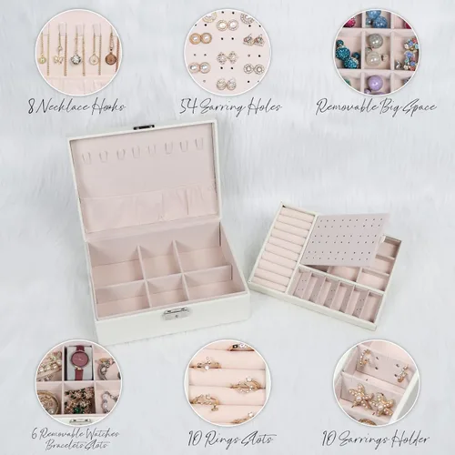 Miniatura 24 de Joyero para mujeres y niñas, contenedor organizador de joyas de 2 capas con cerradura, estuche de almacenamiento de piel sintética con bandeja