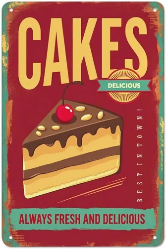 AOYEGO Cakesshop - Letrero de hojalata con pastel de chocolate dulce fresco y delicioso vintage para cafeterías, bares, pubs, tiendas, letreros