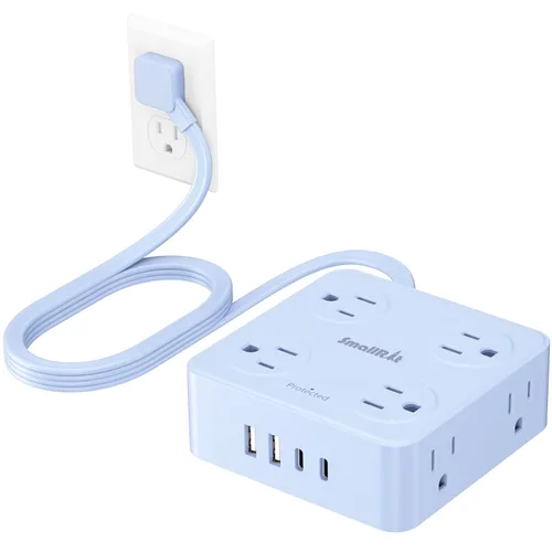 SMALLRT - Cable de extensión con múltiples tomas, extensor de salida con protector de sobretensiones, enchufe plano de 6.5 pies con puertos USB, 8