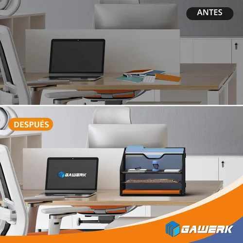 Miniatura 5 de Gawerk - Organizador de bandejas de cartas, Organizador de archivos de escritorio de malla con 3 bandejas de papel y 2 secciones verticales