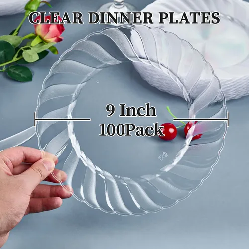Miniatura 3 de FOCUSLINE 100 unidades de platos de plástico transparente de 9 pulgadas, platos de cena desechables resistentes - Platos de plástico duro