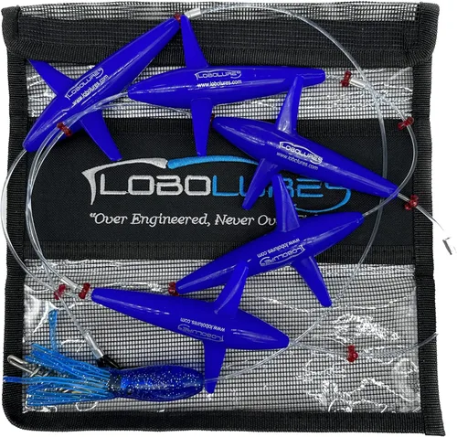 Lobo Lures #401 Teaser de atún con forma de margarita, cadena de 400 libras, líder de 500 libras, sacacorchos giratorio y bolsa de almacenamiento