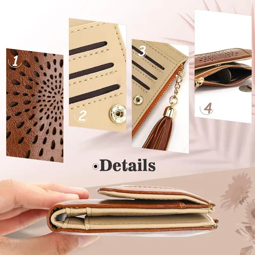 Miniatura 6 de APHISON Cartera pequeña para mujer, cartera RFID de girasol para mujer, de piel, bonita, compacta, plegable, con cremallera, borla, monedero