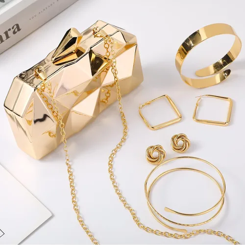 Miniatura 8 de 5 piezas de bolso de mano para mujer, monederos de noche de graduación, bolso metálico para banquete de boda, juego de joyas retro