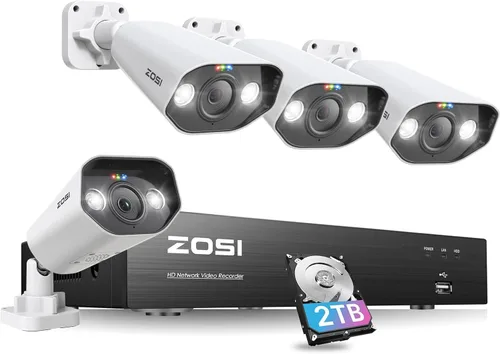 ZOSI Sistema de cámara de seguridad PoE para el hogar con foco 4K de 8 canales, 8 puertos, NVR de 8 canales y 8 MP con disco duro de 2 TB, 4 cámaras