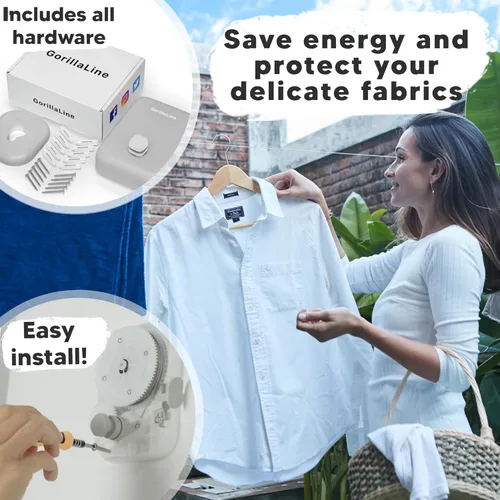 Miniatura 4 de GorillaLine Tendedero retráctil, para interiores y exteriores, línea de ropa resistente montada en la pared, estante de secado que ahorra espacio