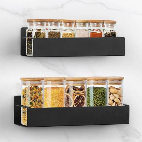 Estante de Especias de Cocina para Pared: 2 Paquetes de Estantes de Especias Adhesivos Negros para Montaje en Pared - Organizador de Almacenamiento