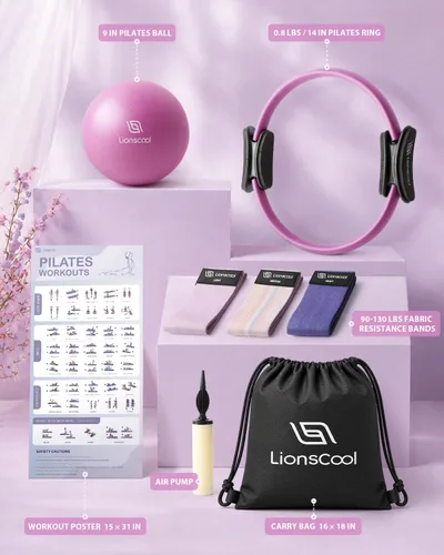 Miniatura 2 de LIONSCOOL Juego de Anillo de Pilates – Círculo Mágico Antideformación de 14 pulgadas con Asas Acolchadas, Mini Pelota, Bandas de Resistencia, Guía
