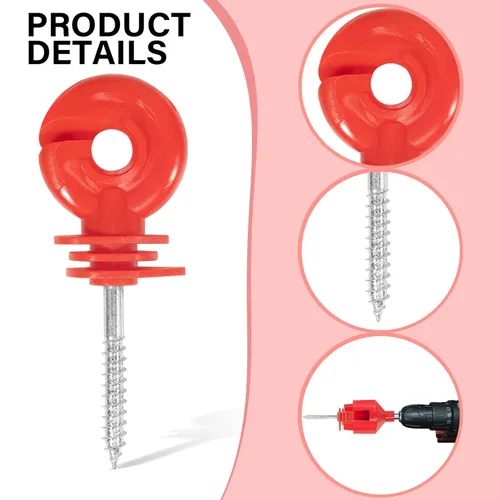 Miniatura 4 de 25 piezas de aislador eléctrico rojo para valla, poste de anillo, aislador autorroscante, aislador de poste de madera que ahorra mano de obra y 1