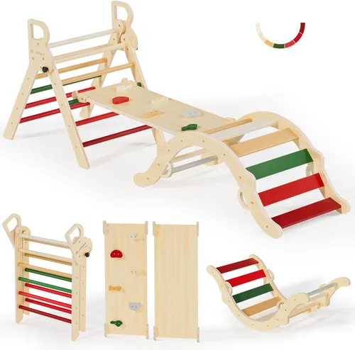 BlueWood Conjunto de Triángulo Pikler, Juguetes de Escalada de Madera para Niños Pequeños para Interiores, Escalador Plegable 7 en 1 para Niños,