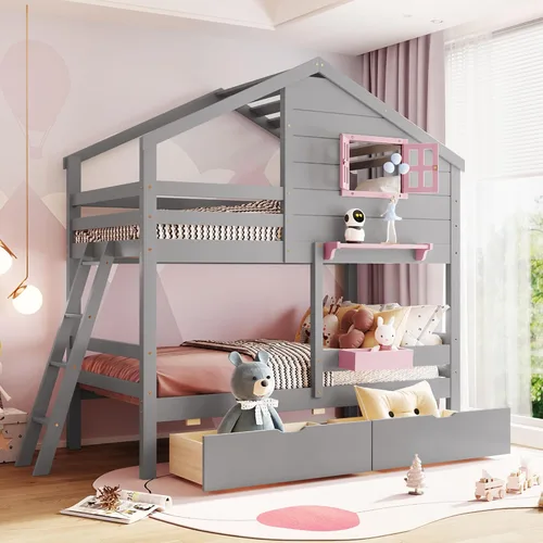 Miniatura 31 de JIVOIT Litera de madera con diseño de techo y ventanas, litera individual sobre individual con nido y escalera integrada para niños, adolescentes