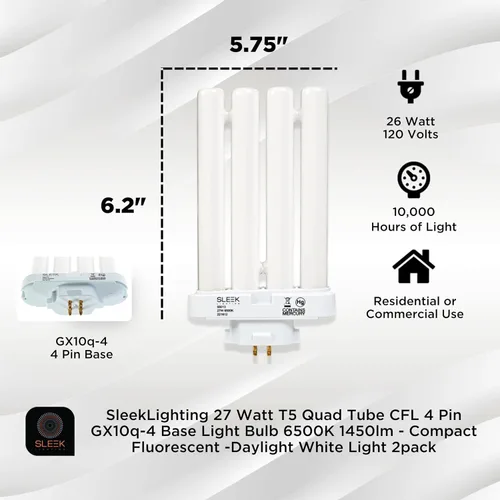 Miniatura 2 de Bombilla base T5 CFL de 4 pines GX10q-4 de 27 W, 6500 K, 1450 lm, fluorescente compacta, luz blanca diurna (paquete de 2)