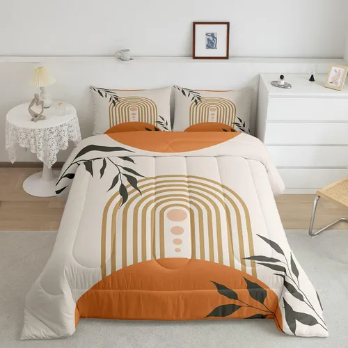 Miniatura 11 de Juego de ropa de cama tamaño King con diseño de hojas bohemias para niñas, niños, adolescentes y mujeres, abstracto, exótico, geométrico, moderno