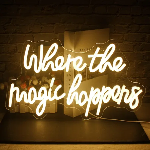 Letrero de neón con texto en inglés «Where The Magic Happens», luz LED blanca cálida para decoración de pared, letras alimentadas por USB, luz de