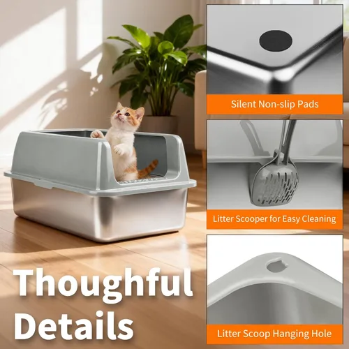 Miniatura 6 de Kirecoo Paquete de 2 cajas de arena de acero inoxidable con tapa, caja de arena de metal cerrado mediano para gatos, bandeja de arena antifugas