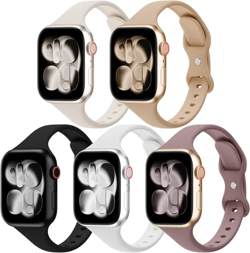 Paquete de 5 bandas de silicona delgadas compatibles con Apple Watch de 38mm 42mm 40mm 44mm 41mm 45mm 46mm 49mm, correa deportiva estrecha y delgada