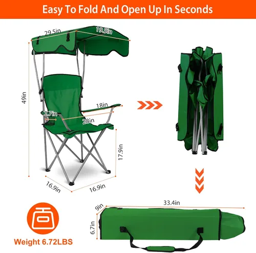 Miniatura 3 de KOCASO Silla de camping plegable con toldo – Silla de playa de protección solar con toldo de sombra, carga de 330 libras, asiento plegable