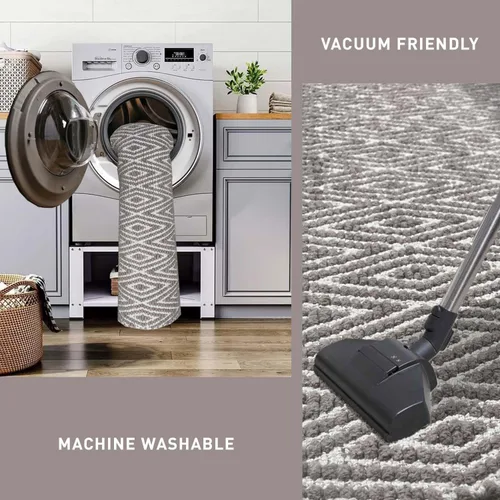 Miniatura 3 de Chardin home Alfombra de pasillo 100% algodón con diamantes de 2 x 5 pulgadas, totalmente reversible, lavable a máquina, beige grisáceo y blanco