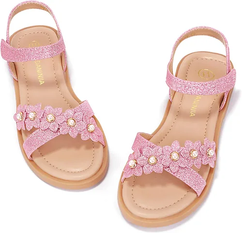 PANDANINJIA Elva - Sandalias para niñas con puntera abierta, bonitas, planas, sandalias de vestir con tiras cruzadas, zapatos de verano para niños