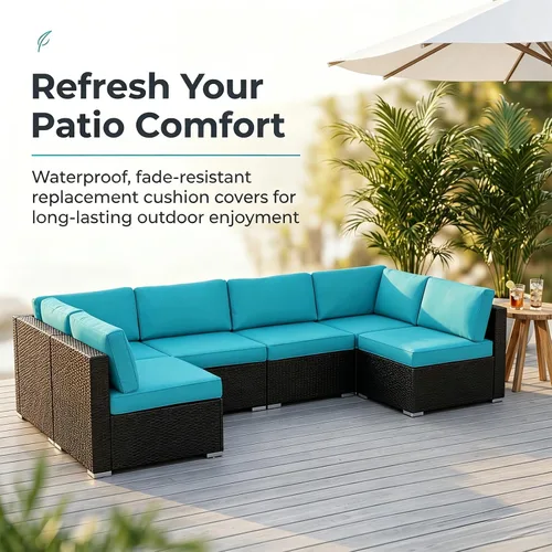 Miniatura 9 de KINTNESS Fundas de cojín de repuesto para sofá modular de ratán de 7 piezas, 14 fundas impermeables para cojines de patio con cremallera (azul)