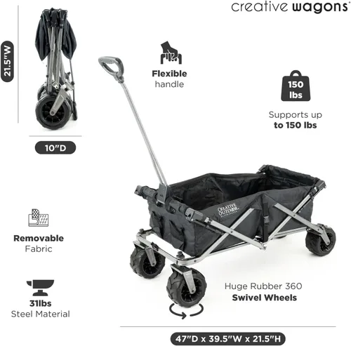 Miniatura 2 de Creative Outdoor All-Terrain Deluxe Wagon Ruedas giratorias todo terreno de 360 grados Ideal para playa, parque, jardín y portón trasero Negro