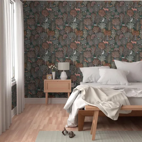 Miniatura 5 de Spoonflower Papel tapiz para despegar y pegar, diseño de animales del bosque del bosque, hojas de otoño, ciervos, árboles rústicos, papel tapiz
