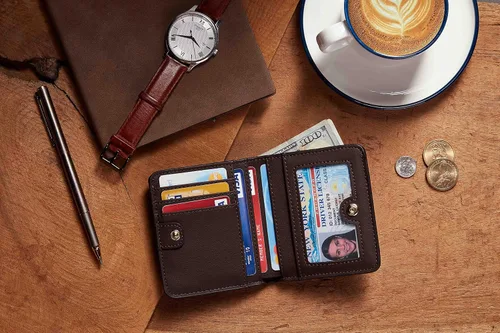 Miniatura 6 de Gostwo - Cartera compacta de piel genuina de lujo para mujer con bloqueo de RFID y ventana de identificación