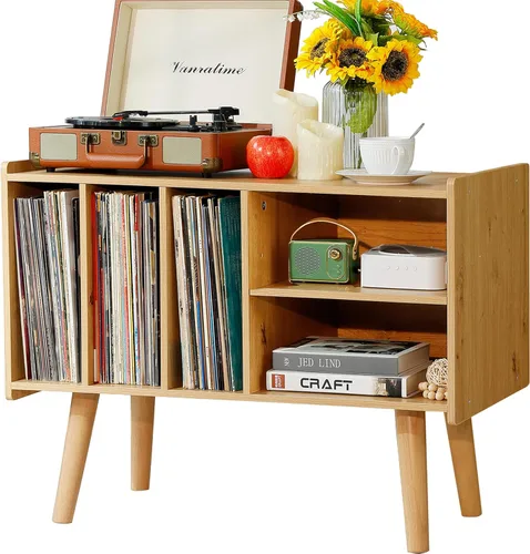 Miniatura 10 de Soporte para tocadiscos con almacenamiento de vinilo, soporta hasta 136 kg, gran mesa para tocadiscos con gabinete para almacenamiento de álbumes