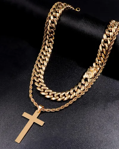 Miniatura 8 de 2 collares de cruz para hombres y mujeres, cadena de eslabones cubanos de plata dorada y negra para hombres, cadena de cuerda en capas, collar