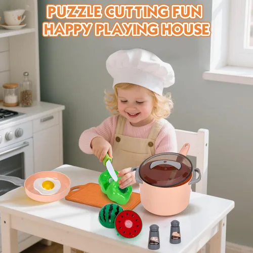 Miniatura 7 de Juego de 90 accesorios de cocina, cocina de simulación con ollas, sartenes, utensilios de cocina, alimentos, frutas, verduras, cestas de Rosa