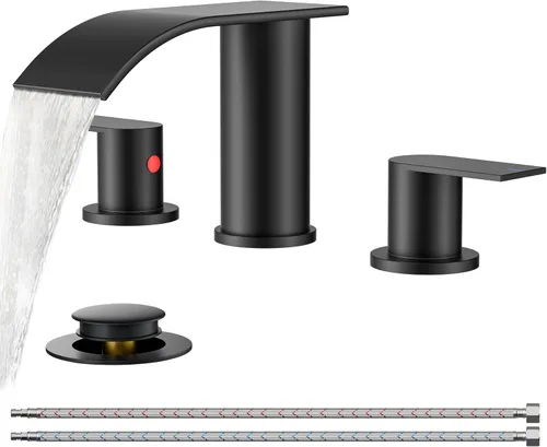 Miniatura 19 de FORIOUS Grifos de baño negros y dorados, cascada de 4 pulgadas con drenaje desplegable de metal y manguera cUPC para lavabo, tocador, RV, pedestal