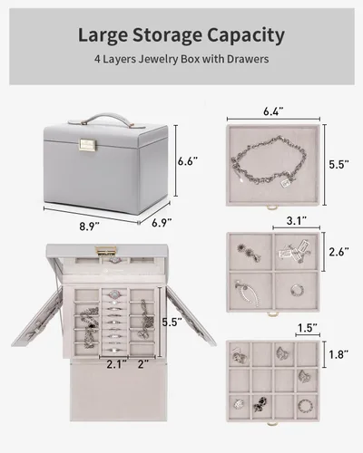 Miniatura 5 de Vlando Joyero de 4 niveles, cajas de joyería y organizadores con asa, 3 cajones de viaje con espejo, almacenamiento de joyas, aretes, collares
