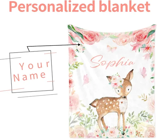 Miniatura 4 de Manta de bebé personalizada de ciervo para niña, manta con nombre personalizado para niñas recién nacidas, manta de franela suave, regalo 8-Deer