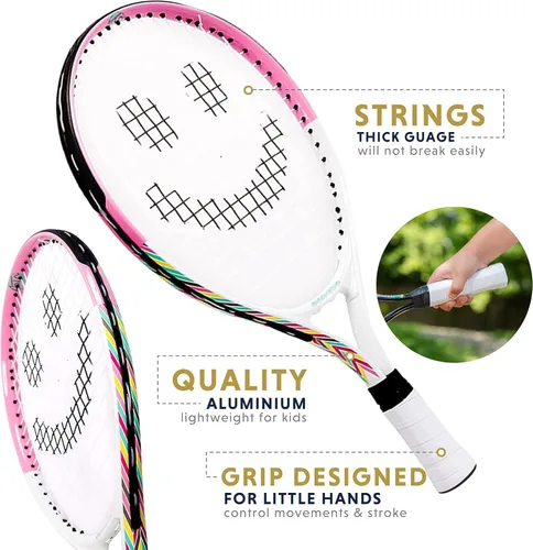 Miniatura 8 de Raqueta de tenis para niños con videos de entrenamiento – Raqueta de tenis juvenil de aluminio con mango de neopreno para niños de 5 a 12 años