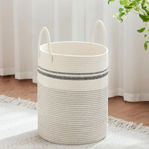 Miniatura 18 de VIPOSCO Cesta de lavandería grande, cesta de almacenamiento de cuerda tejida alta para mantas, juguetes, ropa sucia en la sala de estar, baño, Rayas