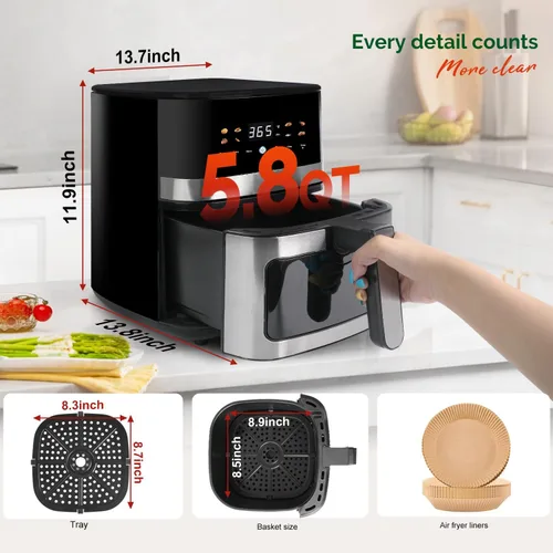 Miniatura 8 de Freidora de aire digital de 5.8QT con ventana visible, temperatura y temporizador ajustables, fritura al aire, recalentamiento, fácil para alimentos
