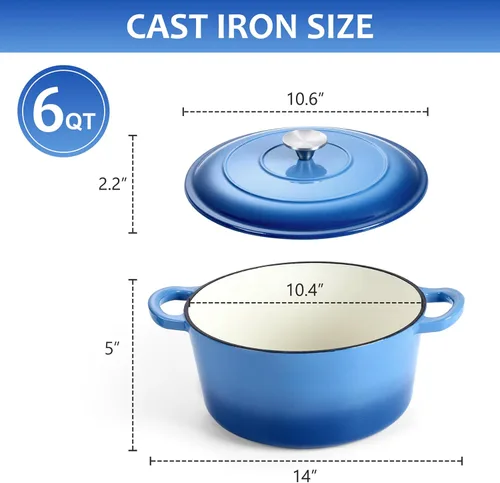 Miniatura 2 de LIANYU Horno holandés de hierro fundido esmaltado con tapa, olla redonda resistente de 6 cuartos de galón con salvamanteles de silicona, utensilios