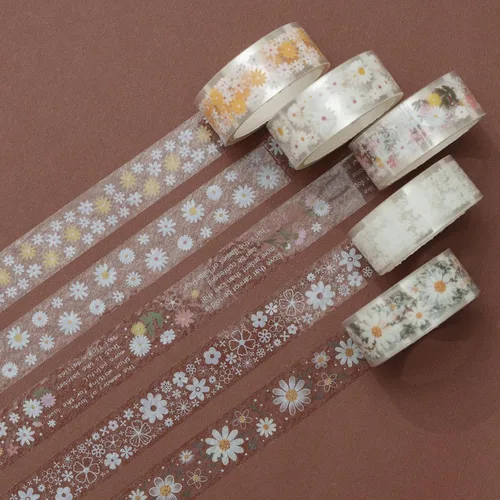 Miniatura 2 de YUBBAEX 5 rollos de juego de cinta adhesiva Washi con patrón floral PET Flores decorativas transparentes para manualidades, bricolaje, diarios