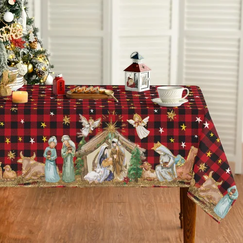 Horaldaily Mantel de Navidad 52×70 Pulgadas, Santo Nacimiento Búfalo Rojo a Cuadros Cubierta de Mesa Lavable para Fiesta Pícnic Cena Decoración