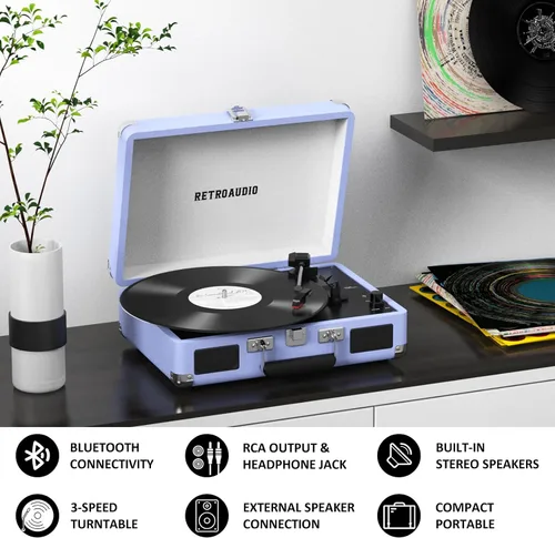 Miniatura 3 de Tocadiscos de Vinilo de 3 Velocidades Bluetooth Portátil Estilo Maleta Accionado por Correa con 2 Altavoces Estéreo Incorporados Tocadiscos