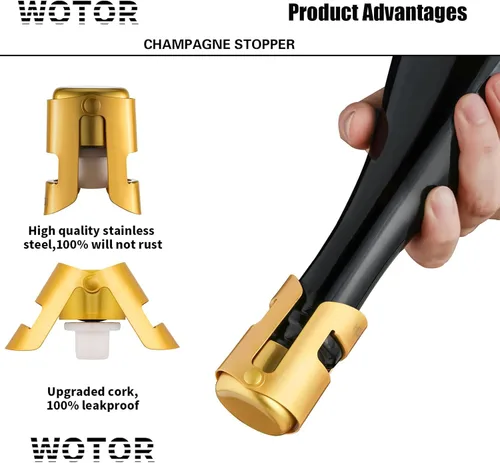 Miniatura 2 de WOTOR Paquete de 3 Tapones de Champán con Conservador de Champán de Acero Inoxidable con Silicona de Grado Alimenticio a Prueba de Fugas Mantiene